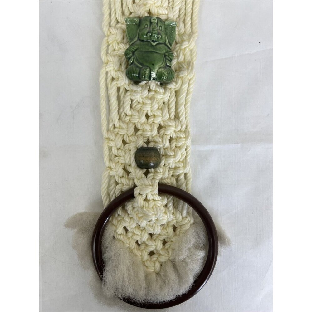 Macrame Towel Holder Ring Ceramic Elephant Fringe Beads 22x5 VTG